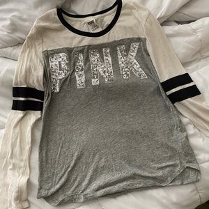VS PINK Bling Baseball Logo Tee Silver Sequins